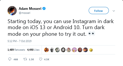 Dark mode on Instagram