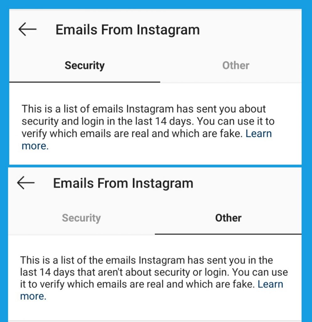 Emails from Instagram to stop Phishing
