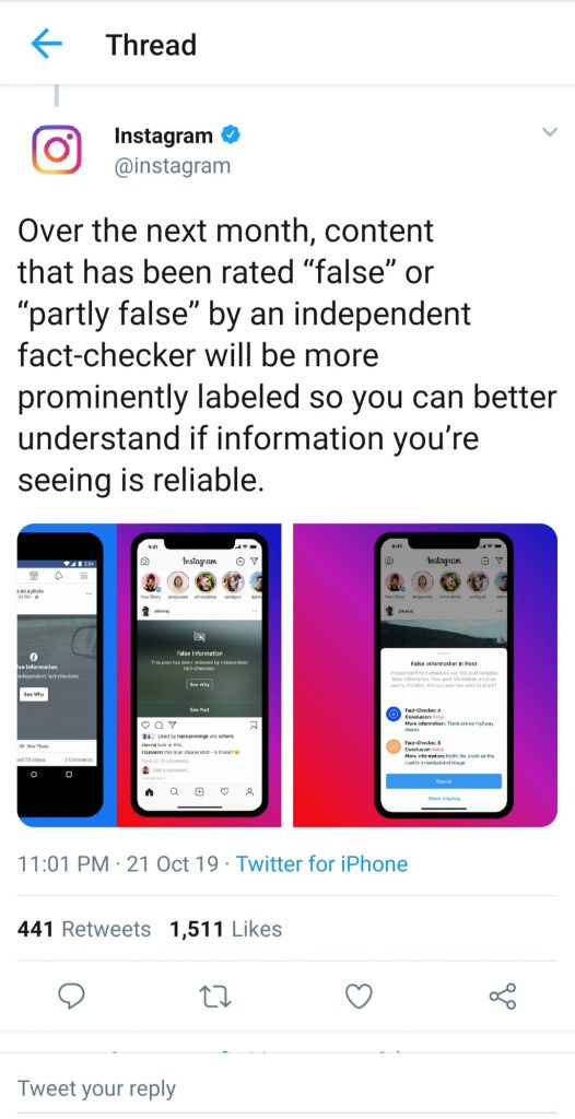 Instagram feature Flagging false information