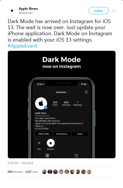 Dark mode on Instagram